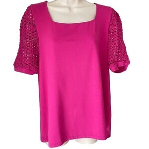 Chicos Touch of Cool Crochet Lace Sleeve Square Neck Tee Pink Size 2 Large Top